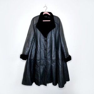vintage 60s black a-line swing hem long sheepskin coat - size l/xl